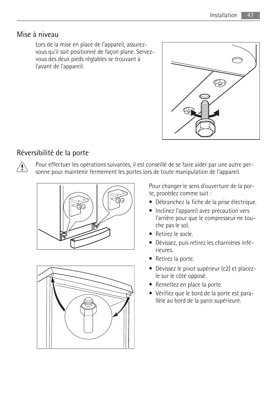 Mise à niveau, Réversibilité de la porte | AEG A52200GSW0 User Manual | Page 47 / 68