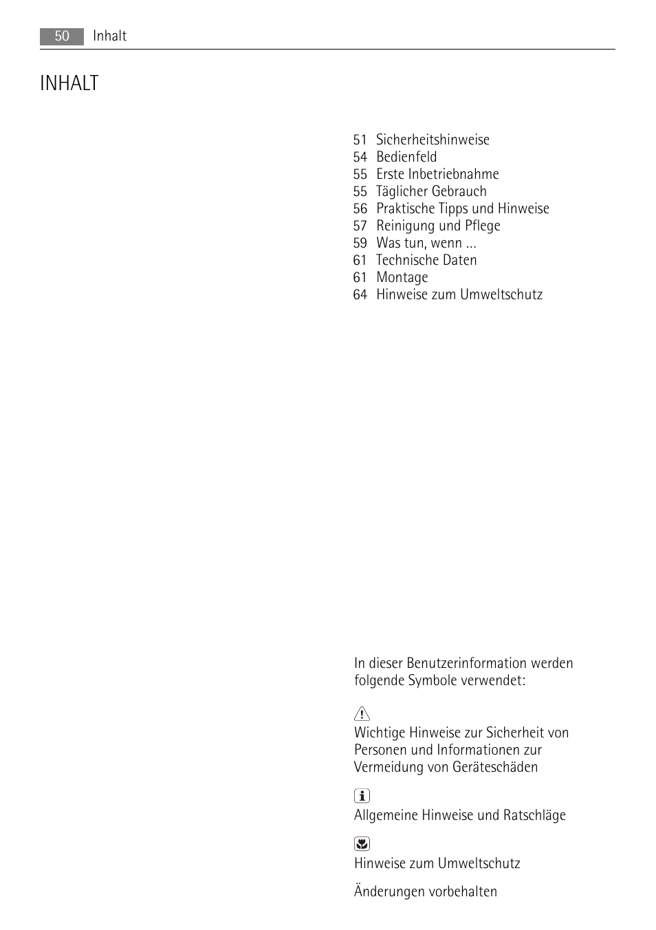 Inhalt | AEG A52200GSW0 User Manual | Page 50 / 68