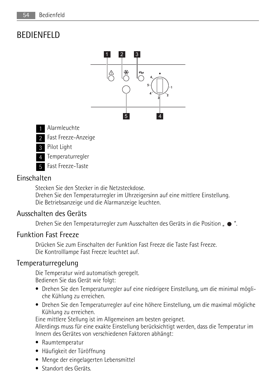 Bedienfeld, Einschalten, Ausschalten des geräts | Funktion fast freeze, Temperaturregelung | AEG A52200GSW0 User Manual | Page 54 / 68
