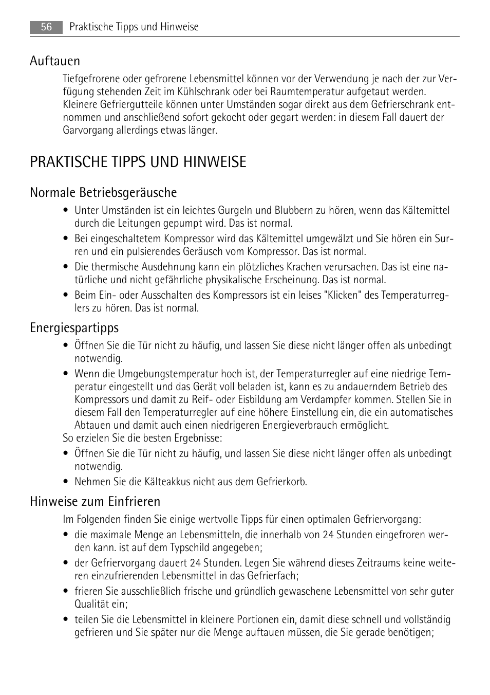 Praktische tipps und hinweise, Auftauen, Normale betriebsgeräusche | Energiespartipps, Hinweise zum einfrieren | AEG A52200GSW0 User Manual | Page 56 / 68