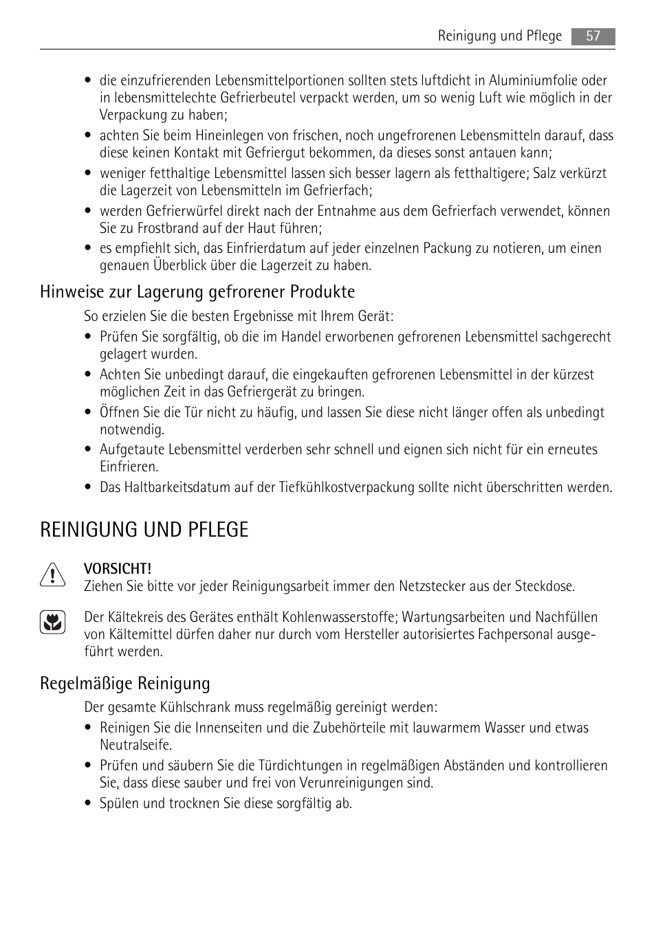 Reinigung und pflege, Hinweise zur lagerung gefrorener produkte, Regelmäßige reinigung | AEG A52200GSW0 User Manual | Page 57 / 68
