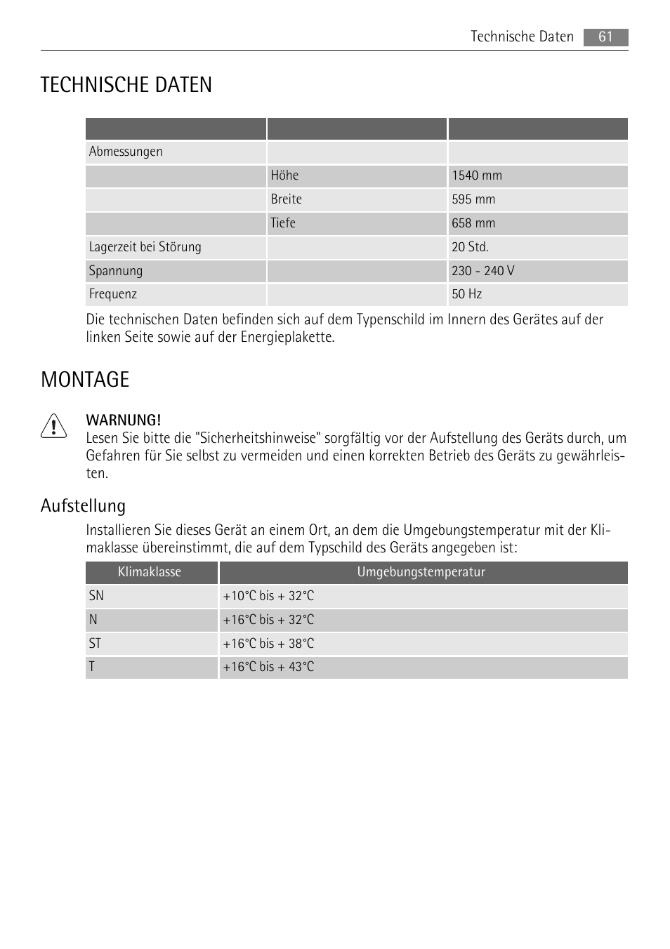 Technische daten, Montage, Aufstellung | AEG A52200GSW0 User Manual | Page 61 / 68