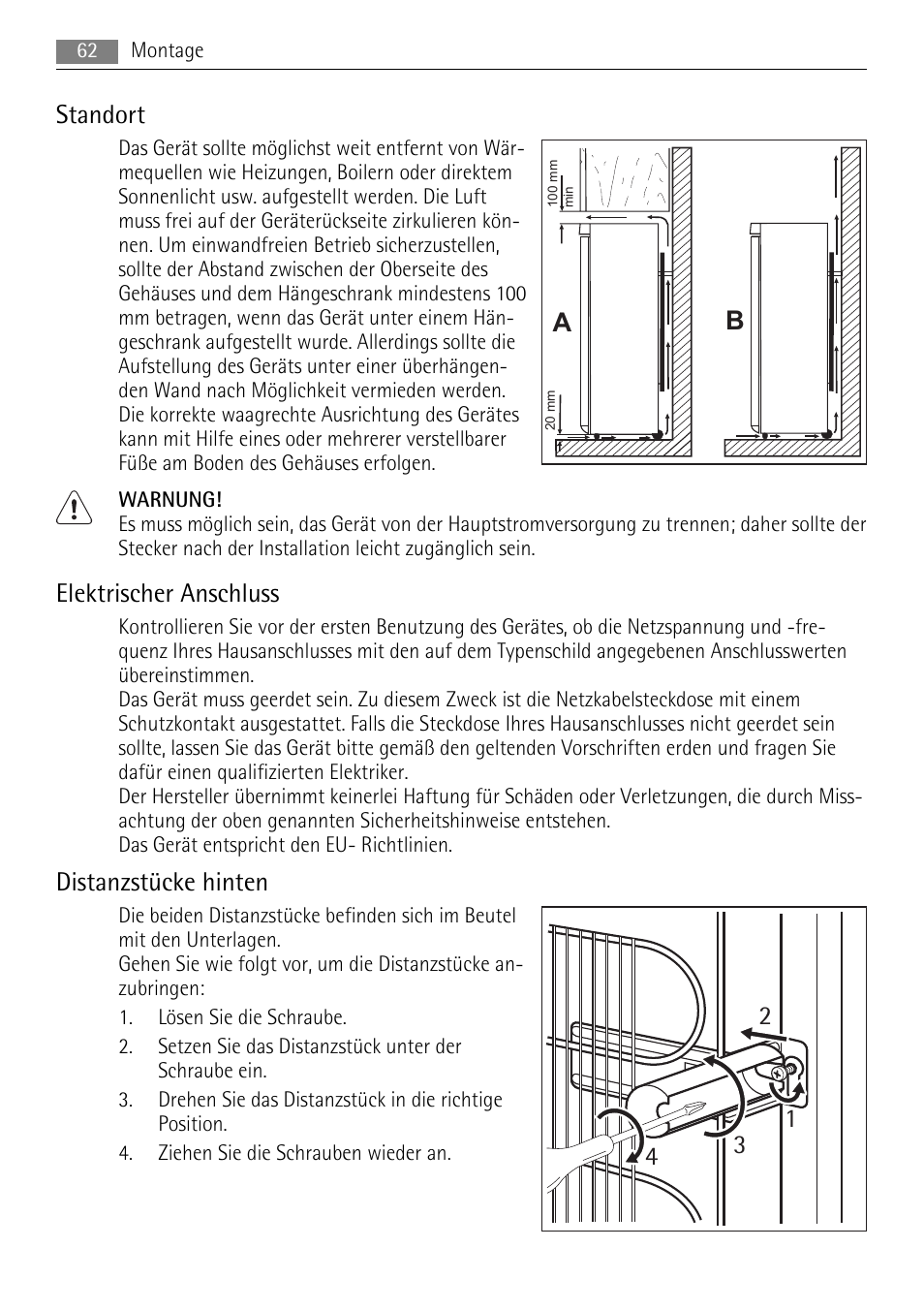 Standort, Elektrischer anschluss, Distanzstücke hinten | AEG A52200GSW0 User Manual | Page 62 / 68