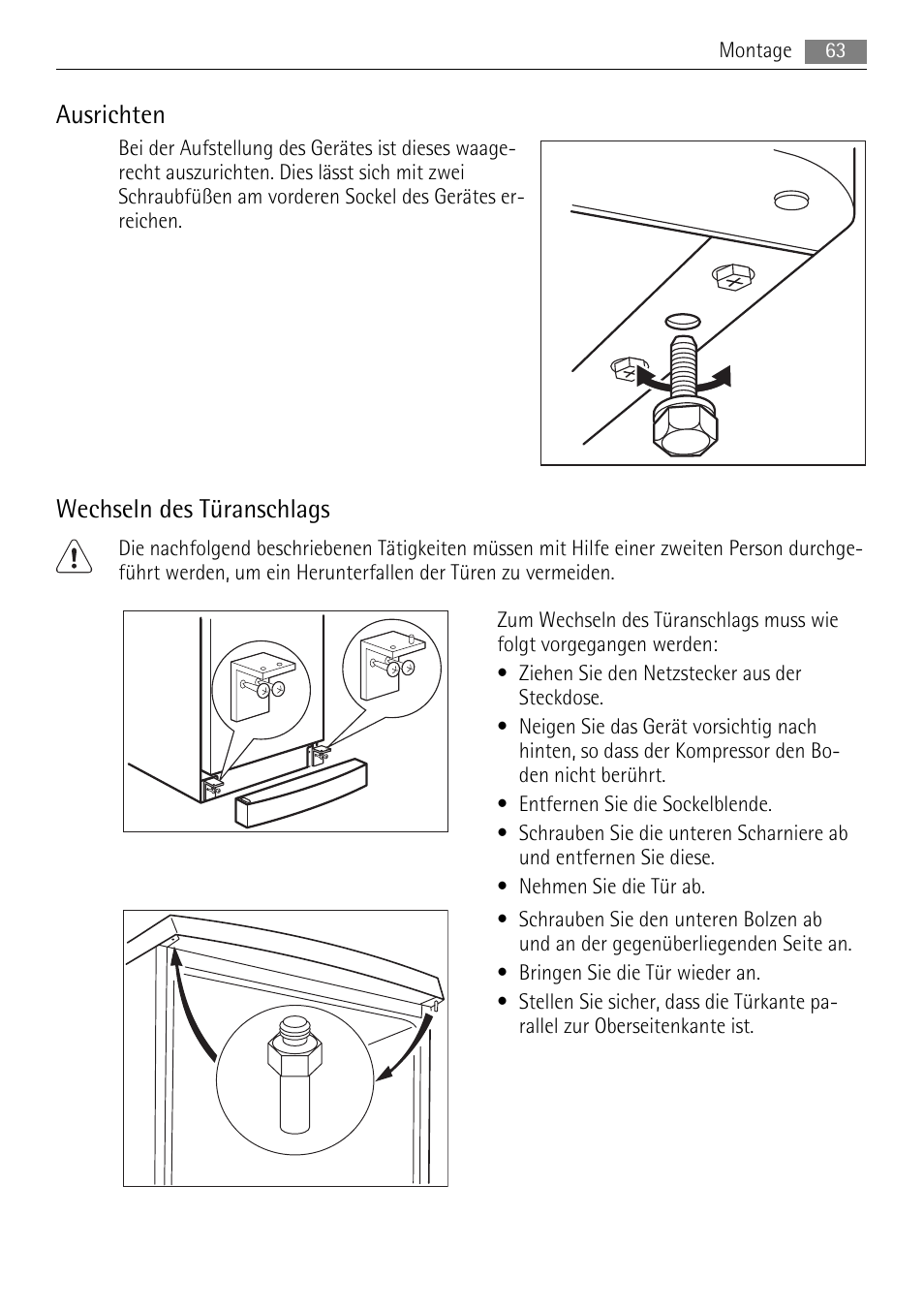 Ausrichten, Wechseln des türanschlags | AEG A52200GSW0 User Manual | Page 63 / 68