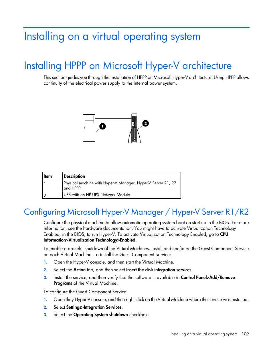 Installing on a virtual operating system, Installing hppp on microsoft hyper-v architecture | HP Tower Uninterruptible Power System User Manual | Page 109 / 137