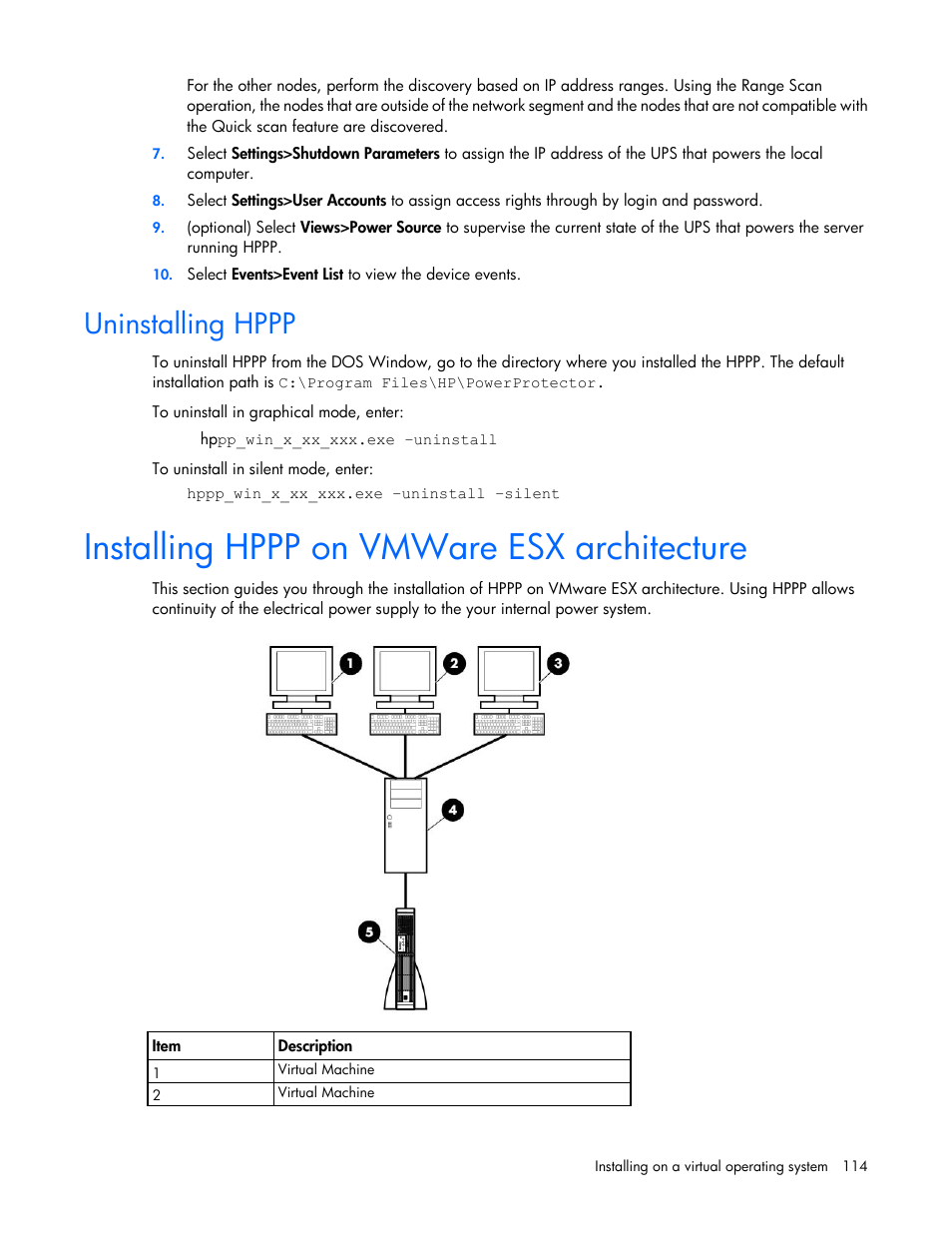 Uninstalling hppp, Installing hppp on vmware esx architecture | HP Tower Uninterruptible Power System User Manual | Page 114 / 137