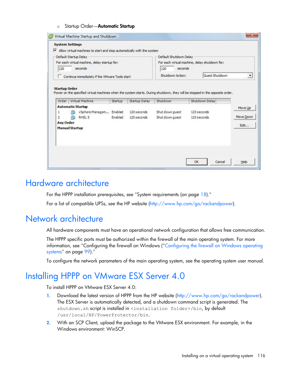 Hardware architecture, Network architecture, Installing hppp on vmware esx server 4.0 | HP Tower Uninterruptible Power System User Manual | Page 116 / 137