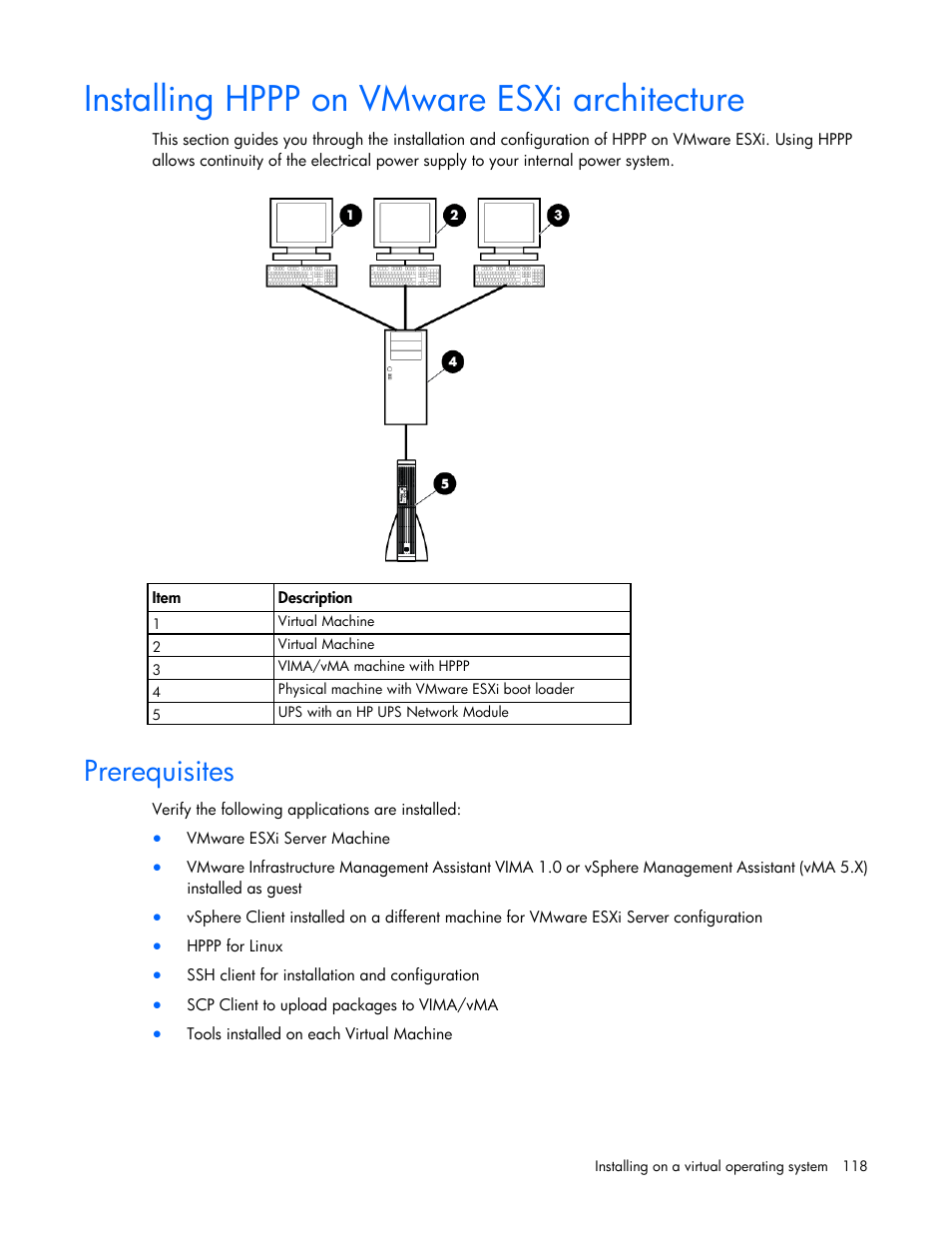Installing hppp on vmware esxi architecture, Prerequisites | HP Tower Uninterruptible Power System User Manual | Page 118 / 137