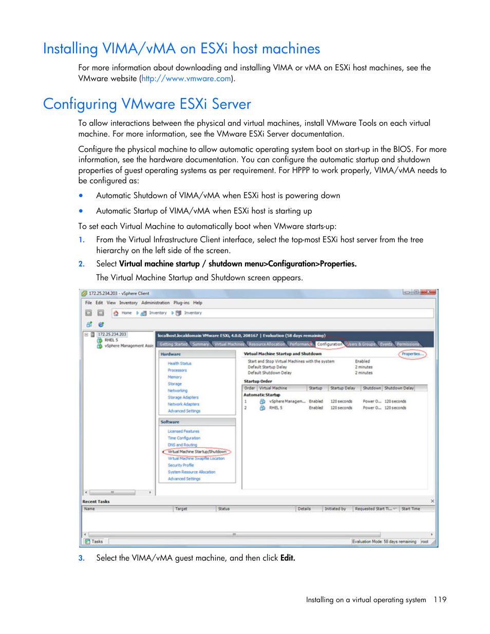 Installing vima/vma on esxi host machines, Configuring vmware esxi server | HP Tower Uninterruptible Power System User Manual | Page 119 / 137