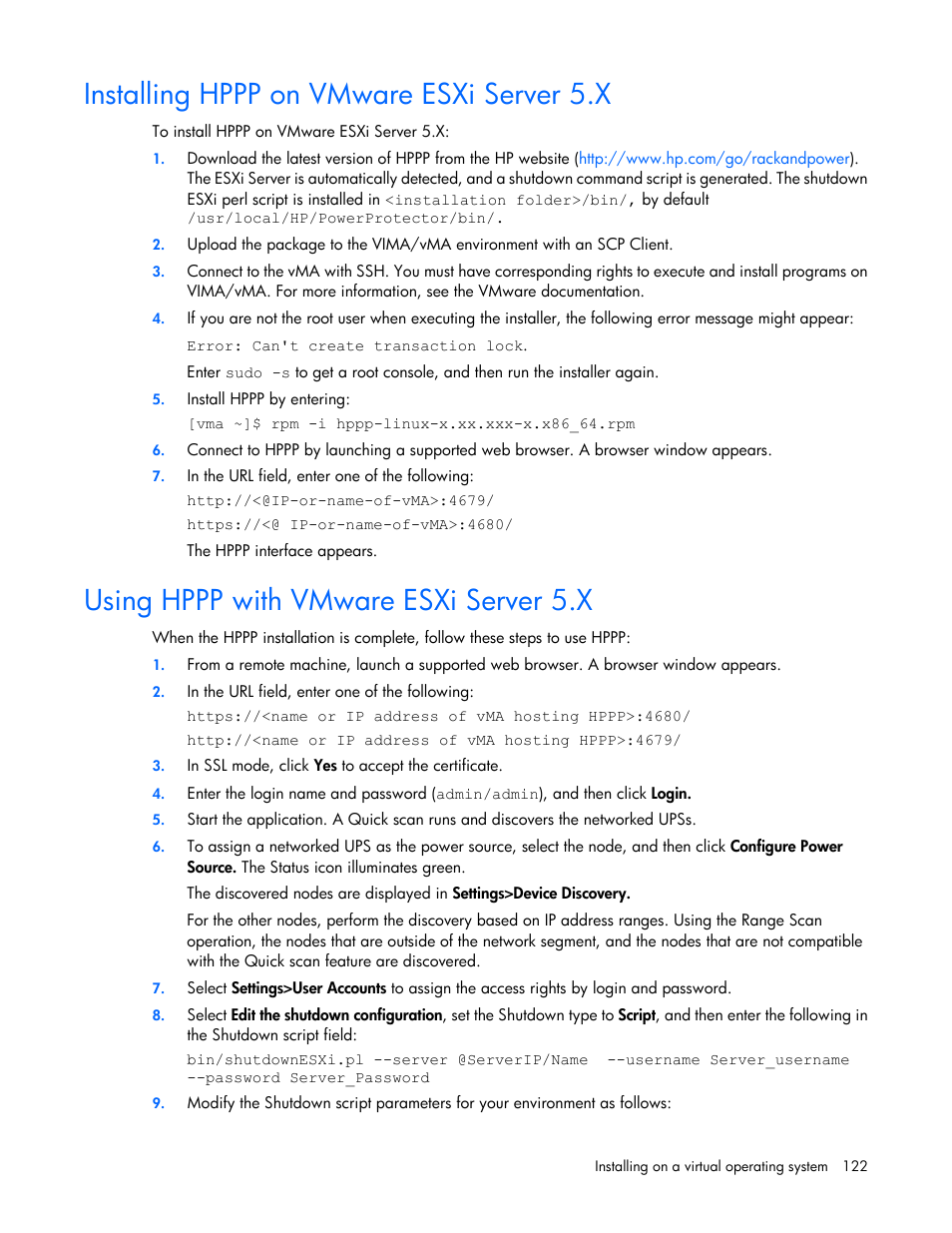 Installing hppp on vmware esxi server 5.x, Using hppp with vmware esxi server 5.x | HP Tower Uninterruptible Power System User Manual | Page 122 / 137
