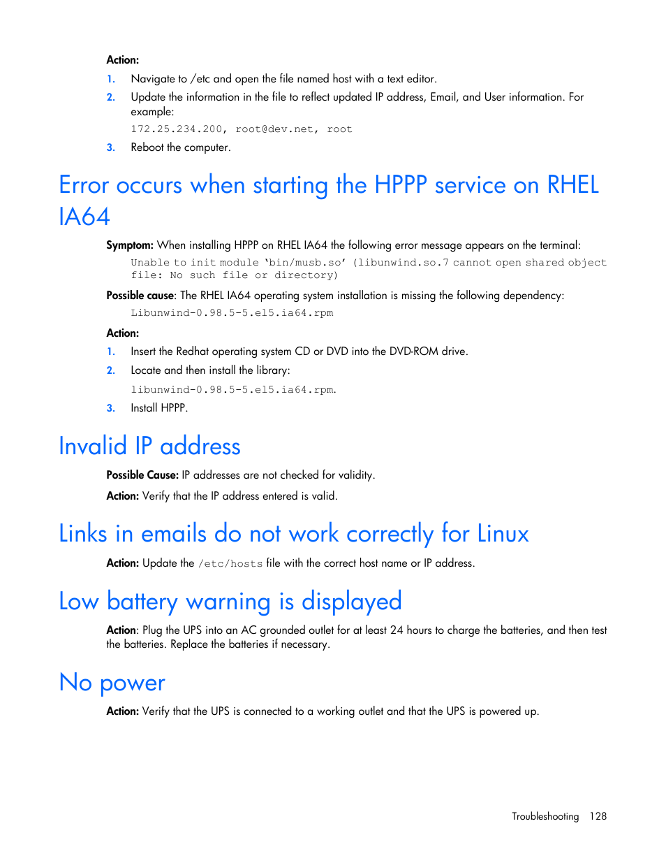 Invalid ip address, Links in emails do not work correctly for linux, Low battery warning is displayed | No power | HP Tower Uninterruptible Power System User Manual | Page 128 / 137