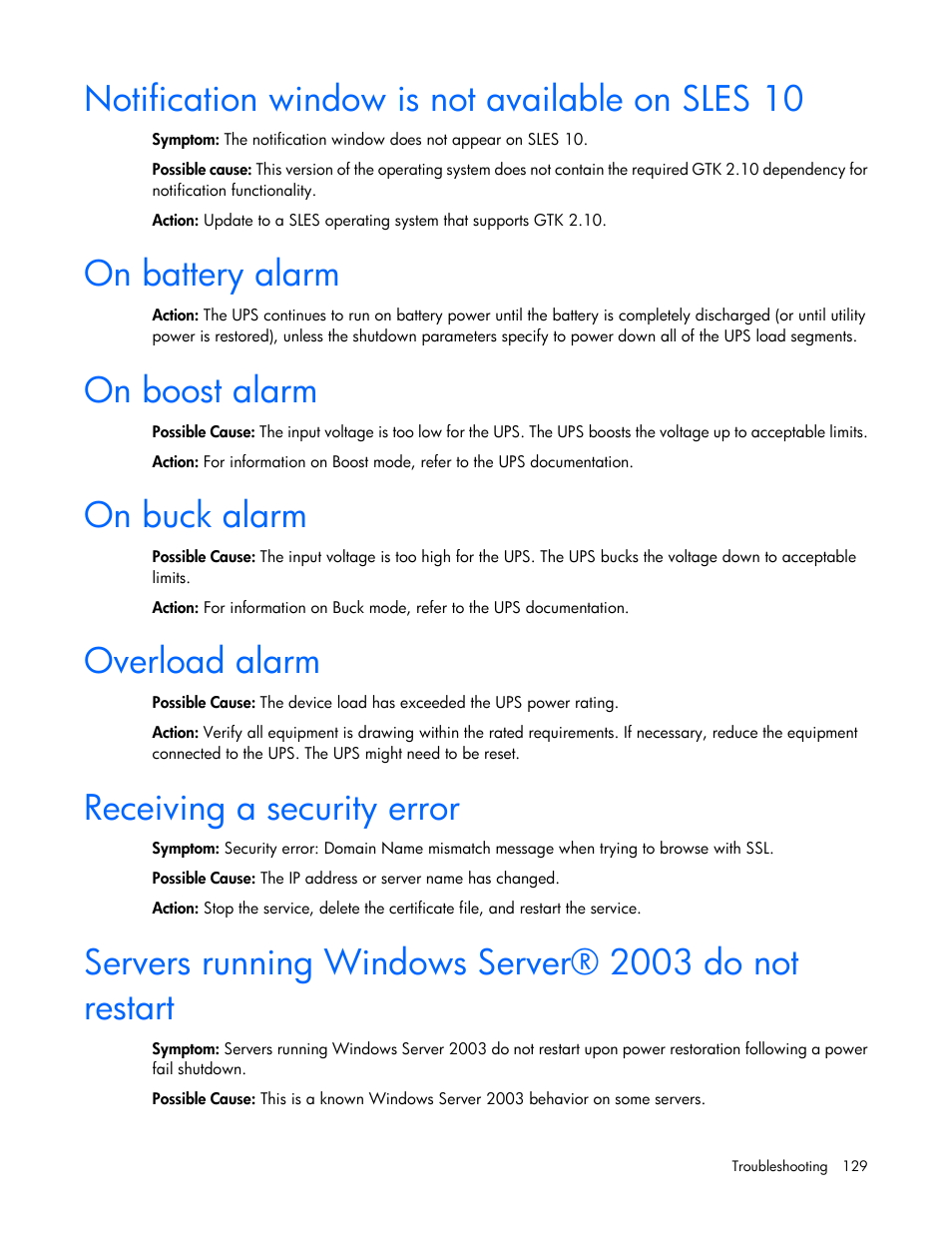 Notification window is not available on sles 10, On battery alarm, On boost alarm | On buck alarm, Overload alarm, Receiving a security error | HP Tower Uninterruptible Power System User Manual | Page 129 / 137