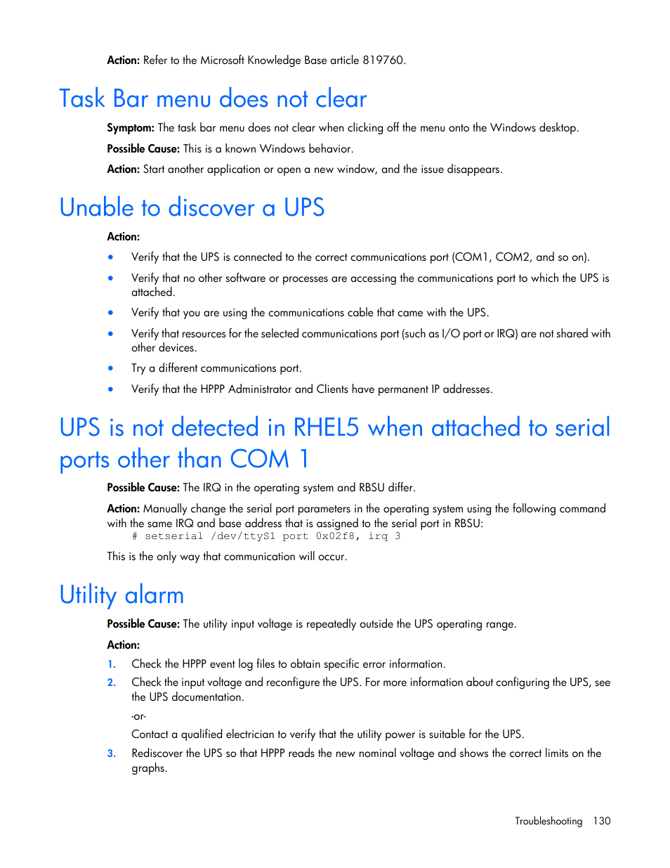 Task bar menu does not clear, Unable to discover a ups, Utility alarm | HP Tower Uninterruptible Power System User Manual | Page 130 / 137