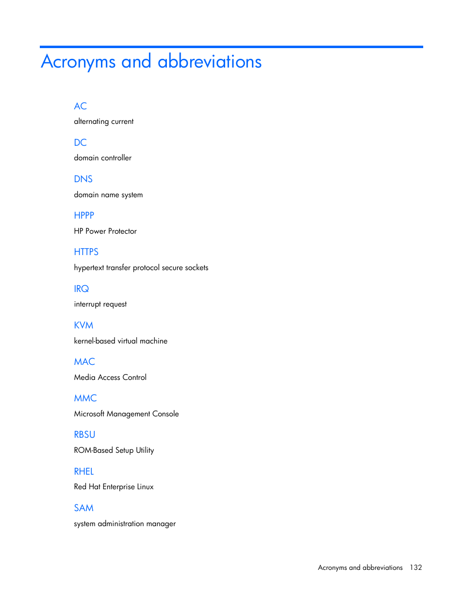 Acronyms and abbreviations | HP Tower Uninterruptible Power System User Manual | Page 132 / 137