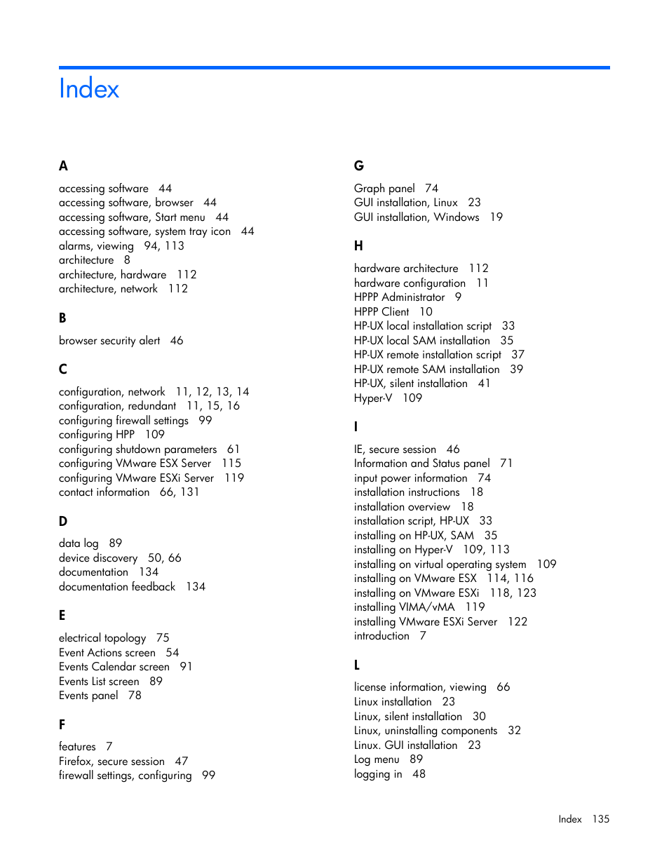 Index | HP Tower Uninterruptible Power System User Manual | Page 135 / 137