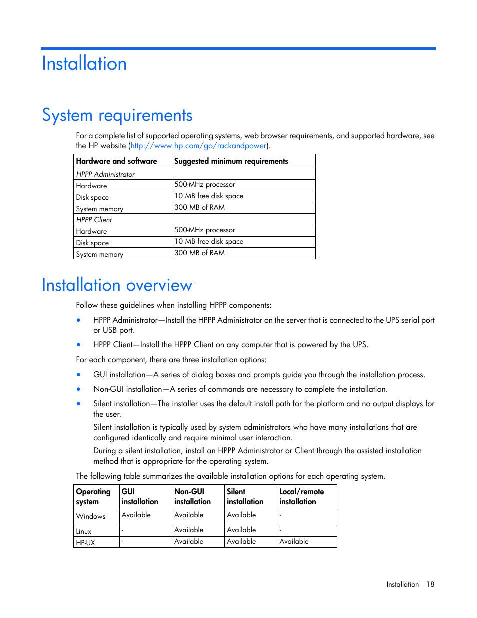 Installation, System requirements, Installation overview | HP Tower Uninterruptible Power System User Manual | Page 18 / 137