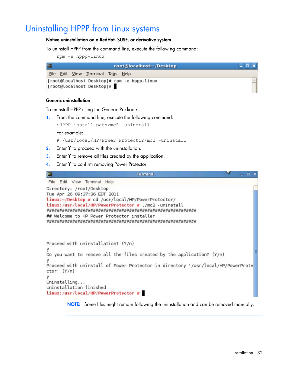 Uninstalling hppp from linux systems | HP Tower Uninterruptible Power System User Manual | Page 32 / 137
