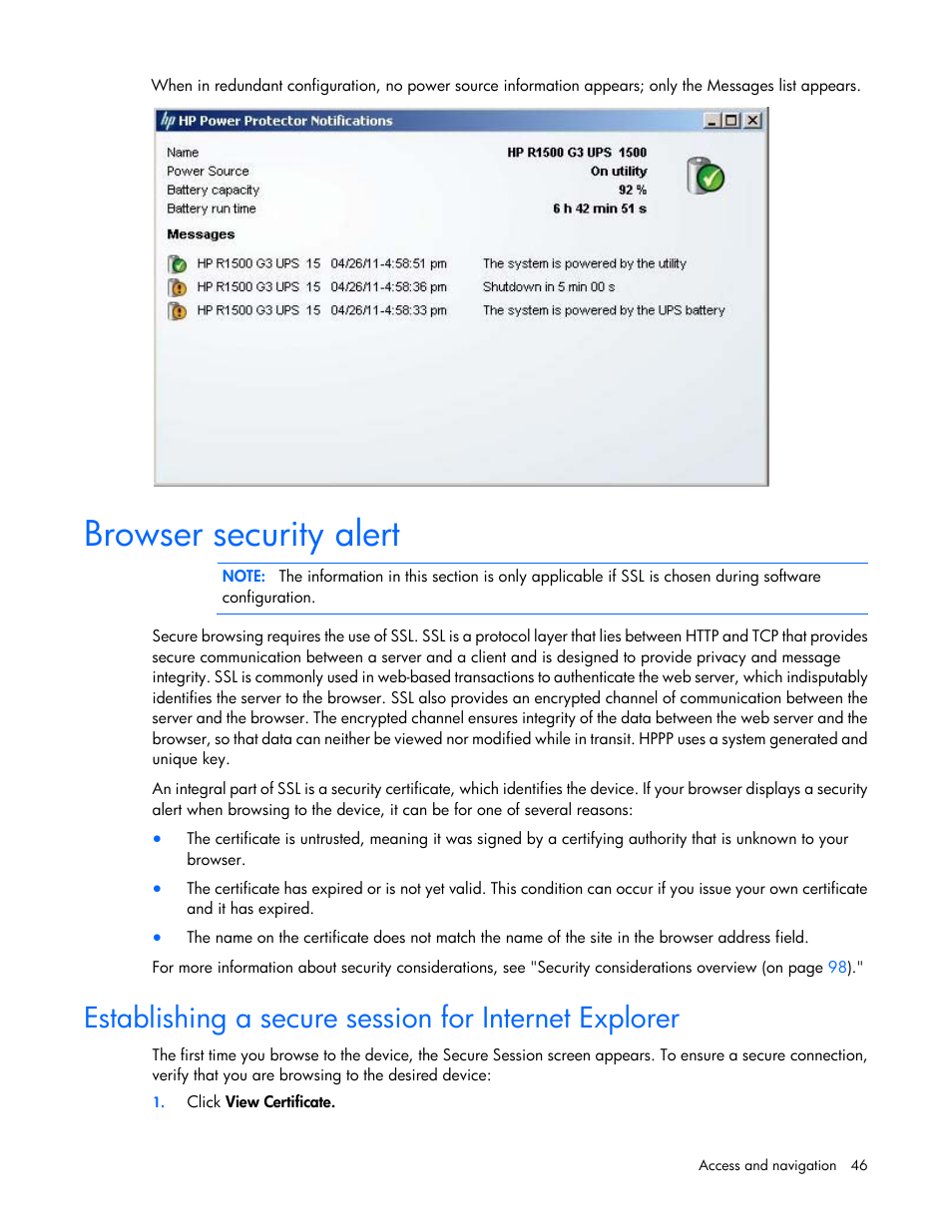Browser security alert | HP Tower Uninterruptible Power System User Manual | Page 46 / 137
