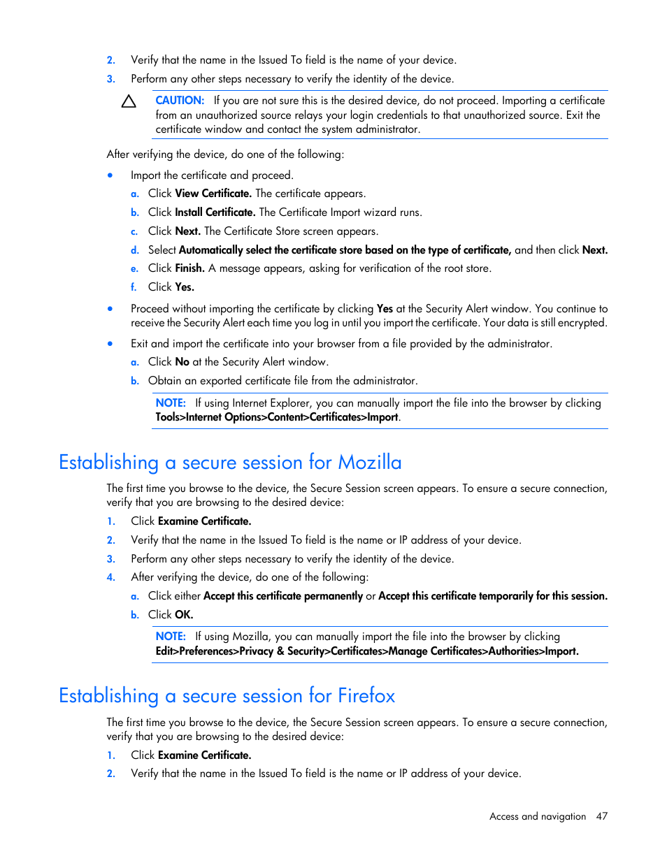 Establishing a secure session for mozilla, Establishing a secure session for firefox | HP Tower Uninterruptible Power System User Manual | Page 47 / 137