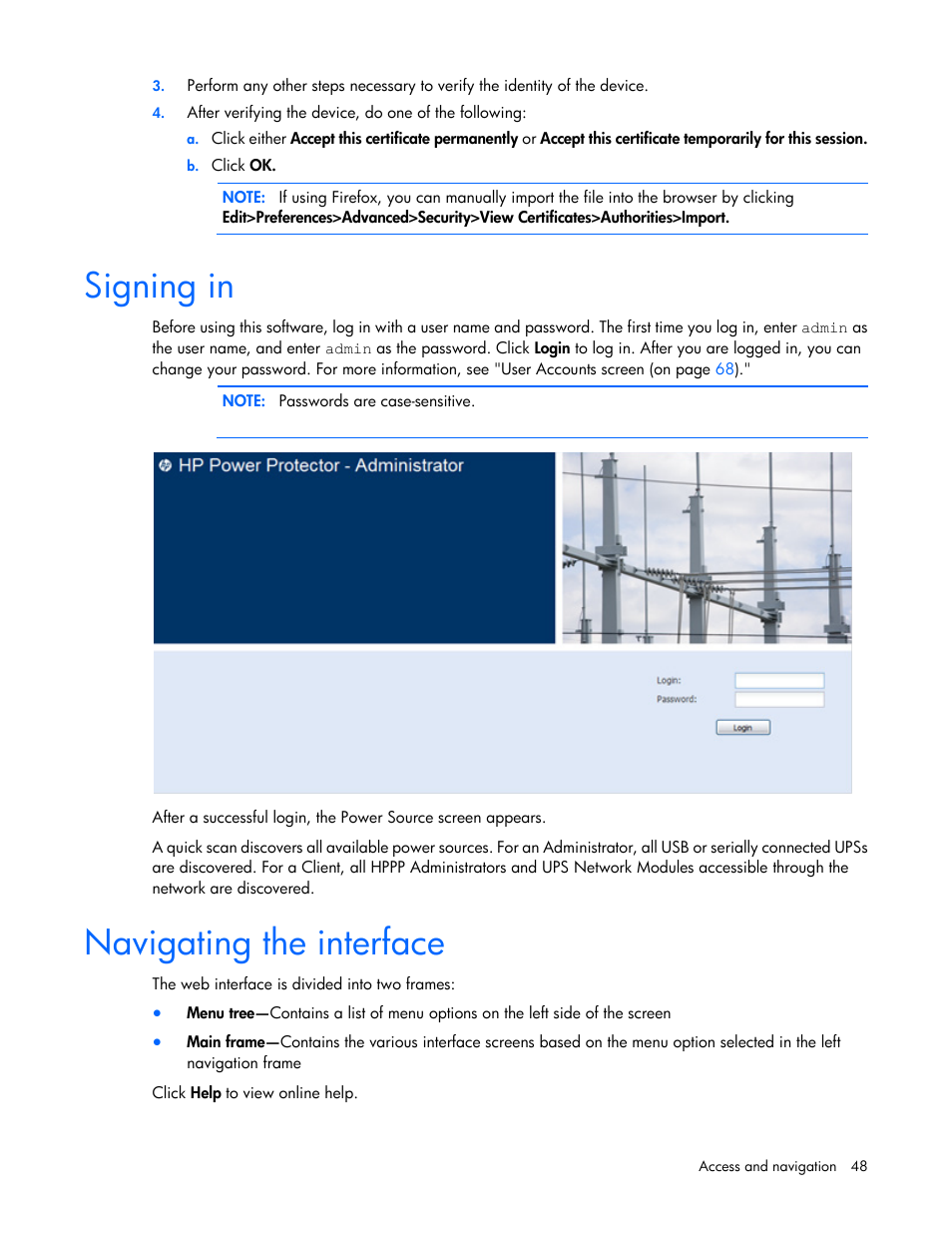 Signing in, Navigating the interface | HP Tower Uninterruptible Power System User Manual | Page 48 / 137