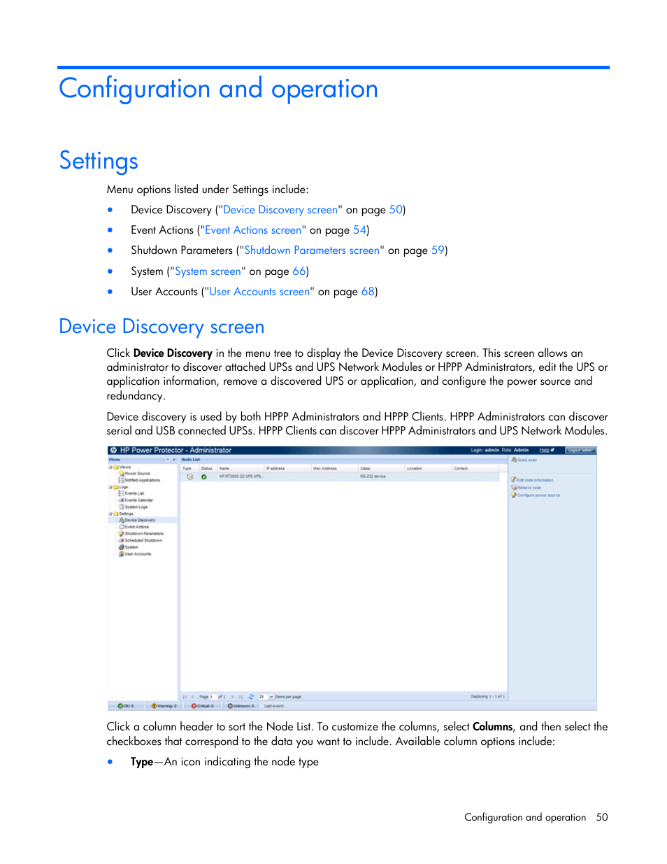Configuration and operation, Settings, Device discovery screen | HP Tower Uninterruptible Power System User Manual | Page 50 / 137