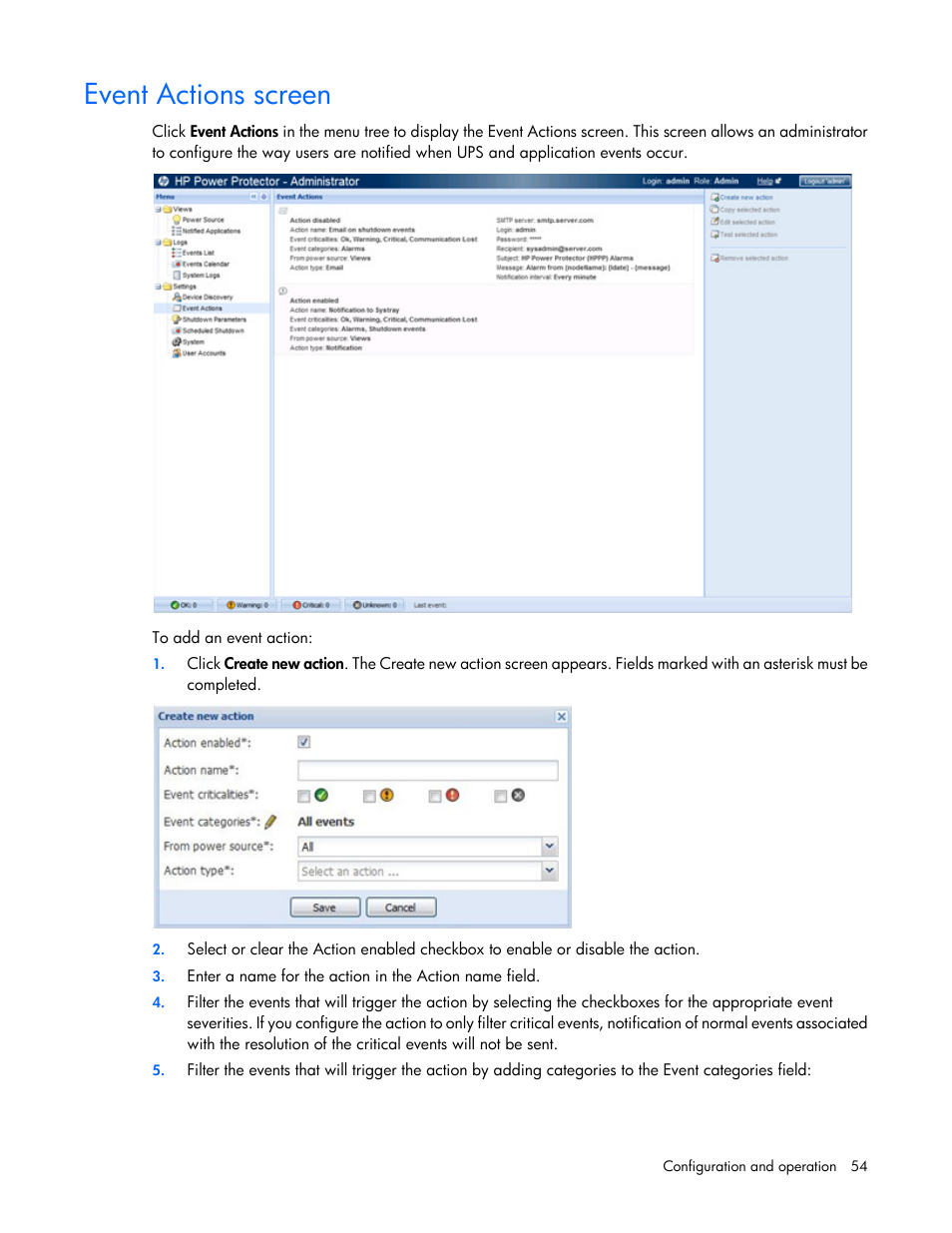 Event actions screen | HP Tower Uninterruptible Power System User Manual | Page 54 / 137