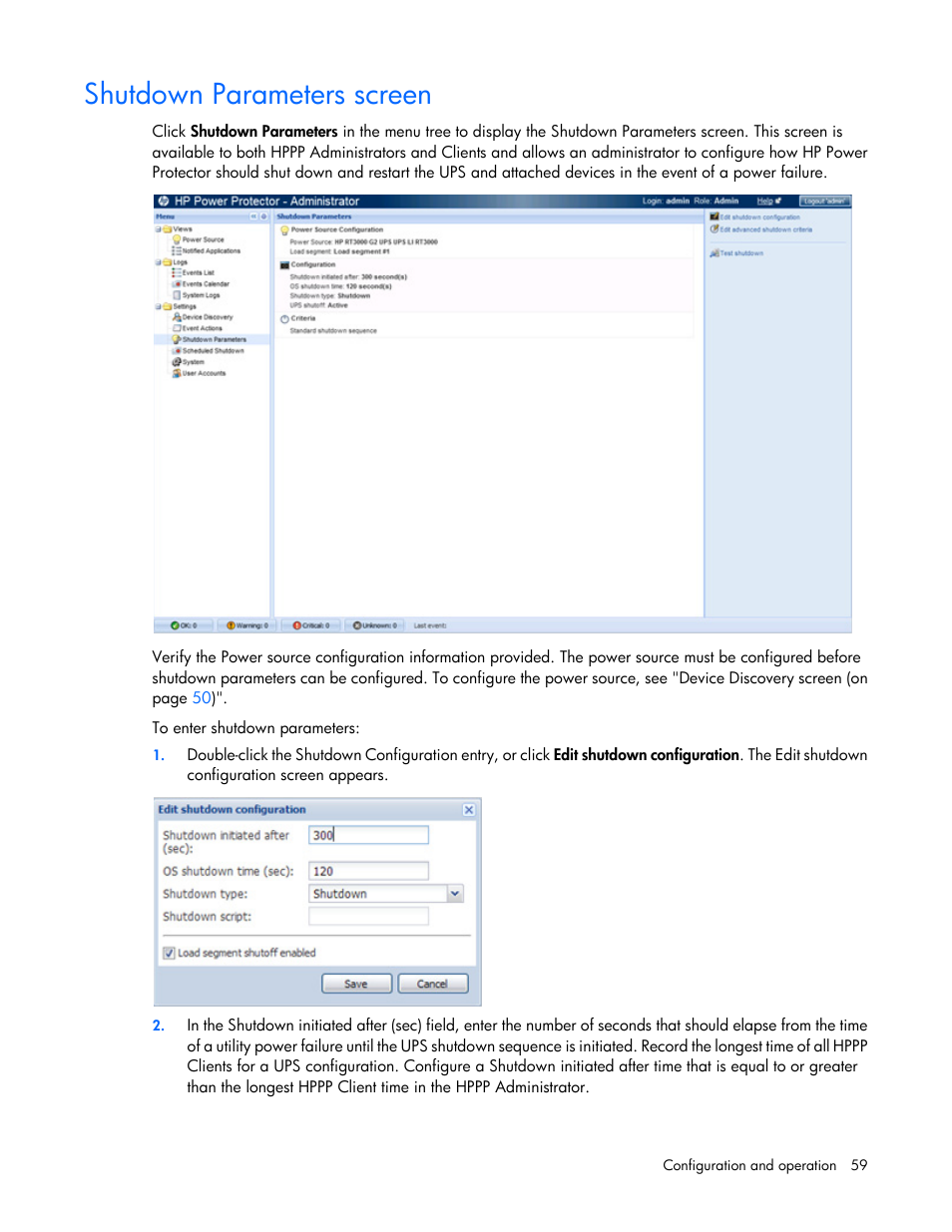 Shutdown parameters screen | HP Tower Uninterruptible Power System User Manual | Page 59 / 137