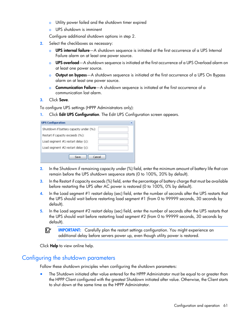 Configuring the shutdown parameters | HP Tower Uninterruptible Power System User Manual | Page 61 / 137