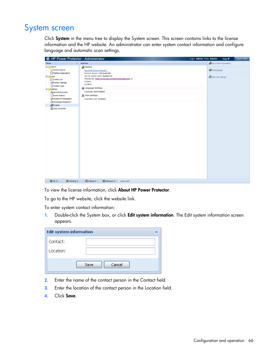 System screen | HP Tower Uninterruptible Power System User Manual | Page 66 / 137