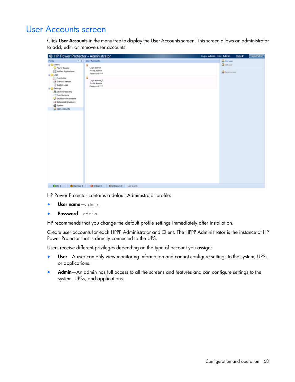 User accounts screen | HP Tower Uninterruptible Power System User Manual | Page 68 / 137