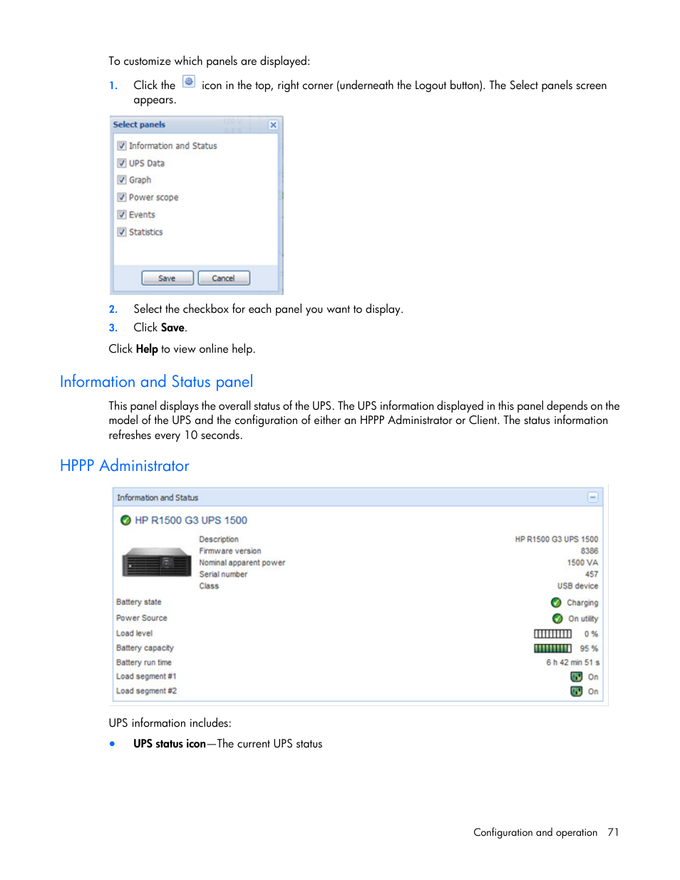 Information and status panel, Hppp administrator | HP Tower Uninterruptible Power System User Manual | Page 71 / 137