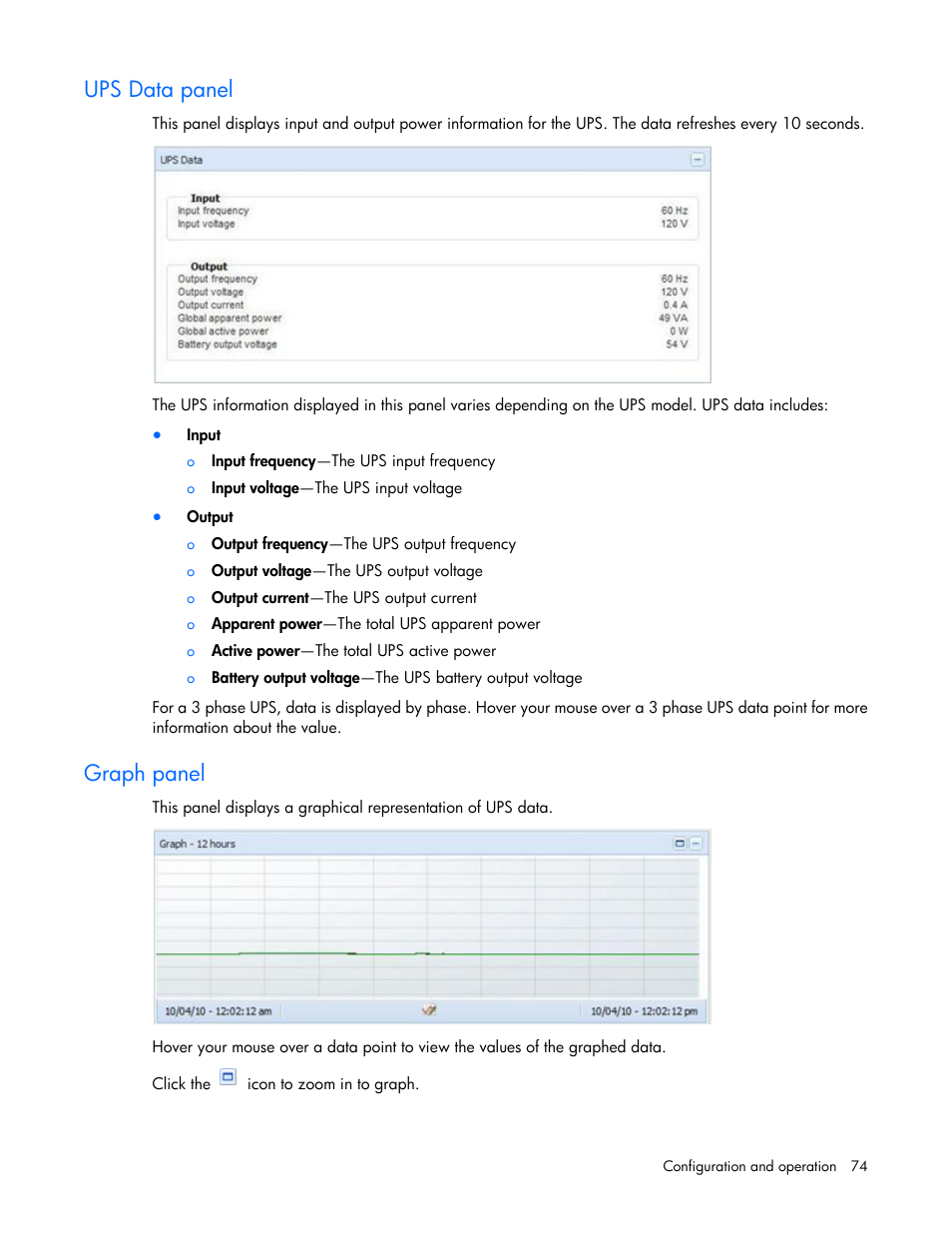 Ups data panel, Graph panel | HP Tower Uninterruptible Power System User Manual | Page 74 / 137