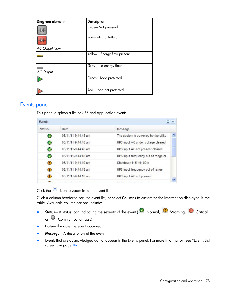 Events panel | HP Tower Uninterruptible Power System User Manual | Page 78 / 137