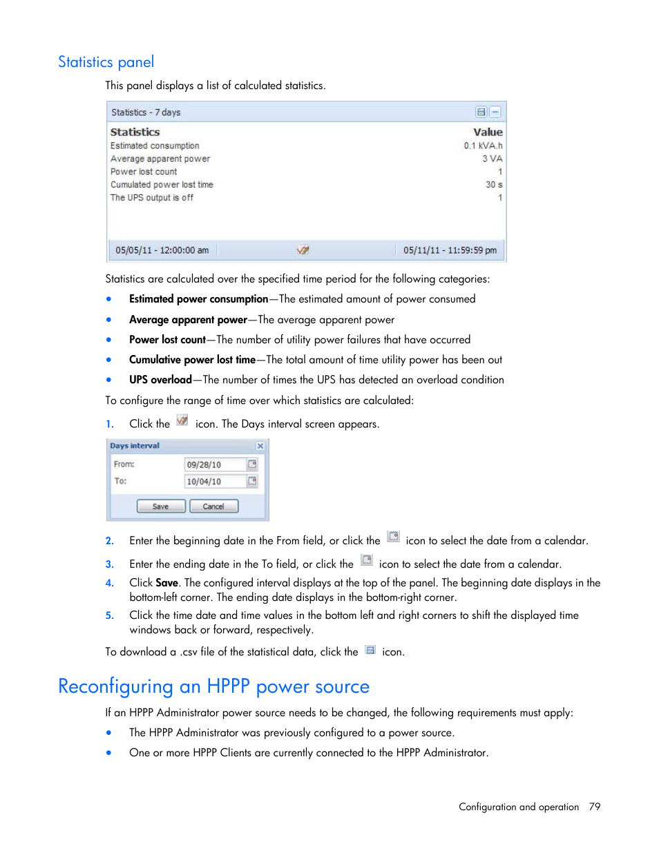 Statistics panel, Reconfiguring an hppp power source | HP Tower Uninterruptible Power System User Manual | Page 79 / 137
