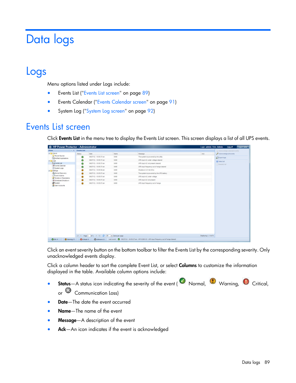 Data logs, Logs, Events list screen | HP Tower Uninterruptible Power System User Manual | Page 89 / 137