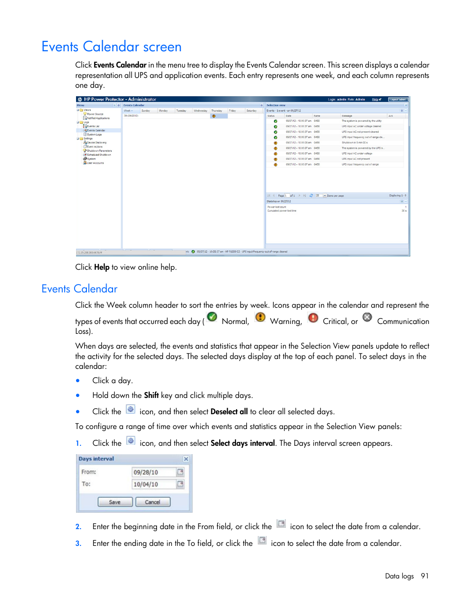 Events calendar screen, Events calendar | HP Tower Uninterruptible Power System User Manual | Page 91 / 137