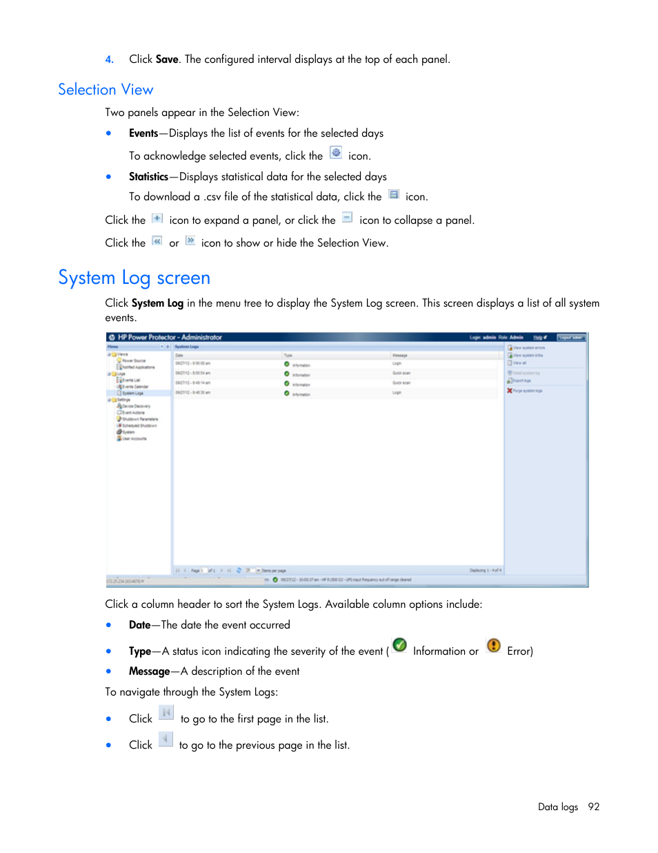 Selection view, System log screen | HP Tower Uninterruptible Power System User Manual | Page 92 / 137