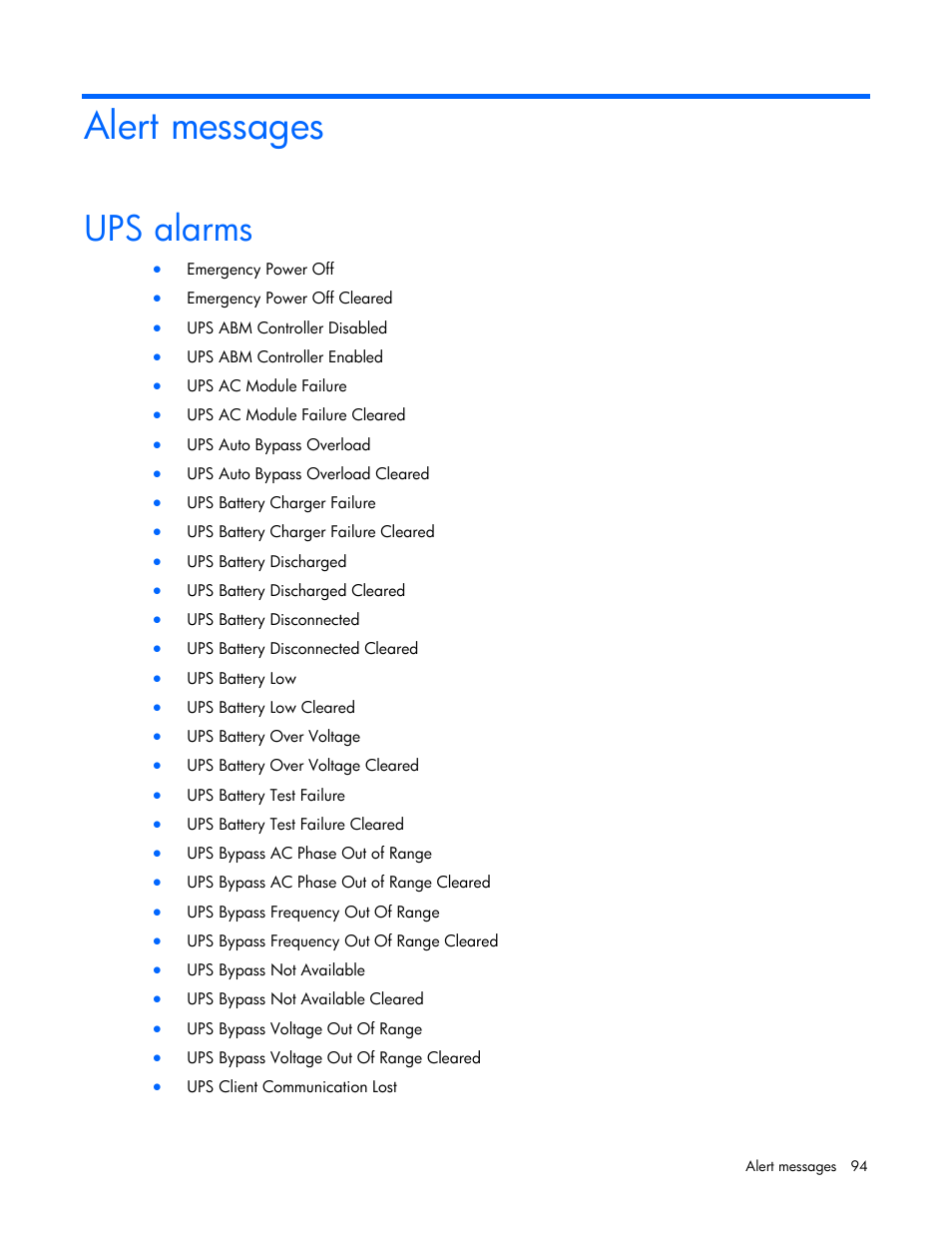 Alert messages, Ups alarms | HP Tower Uninterruptible Power System User Manual | Page 94 / 137