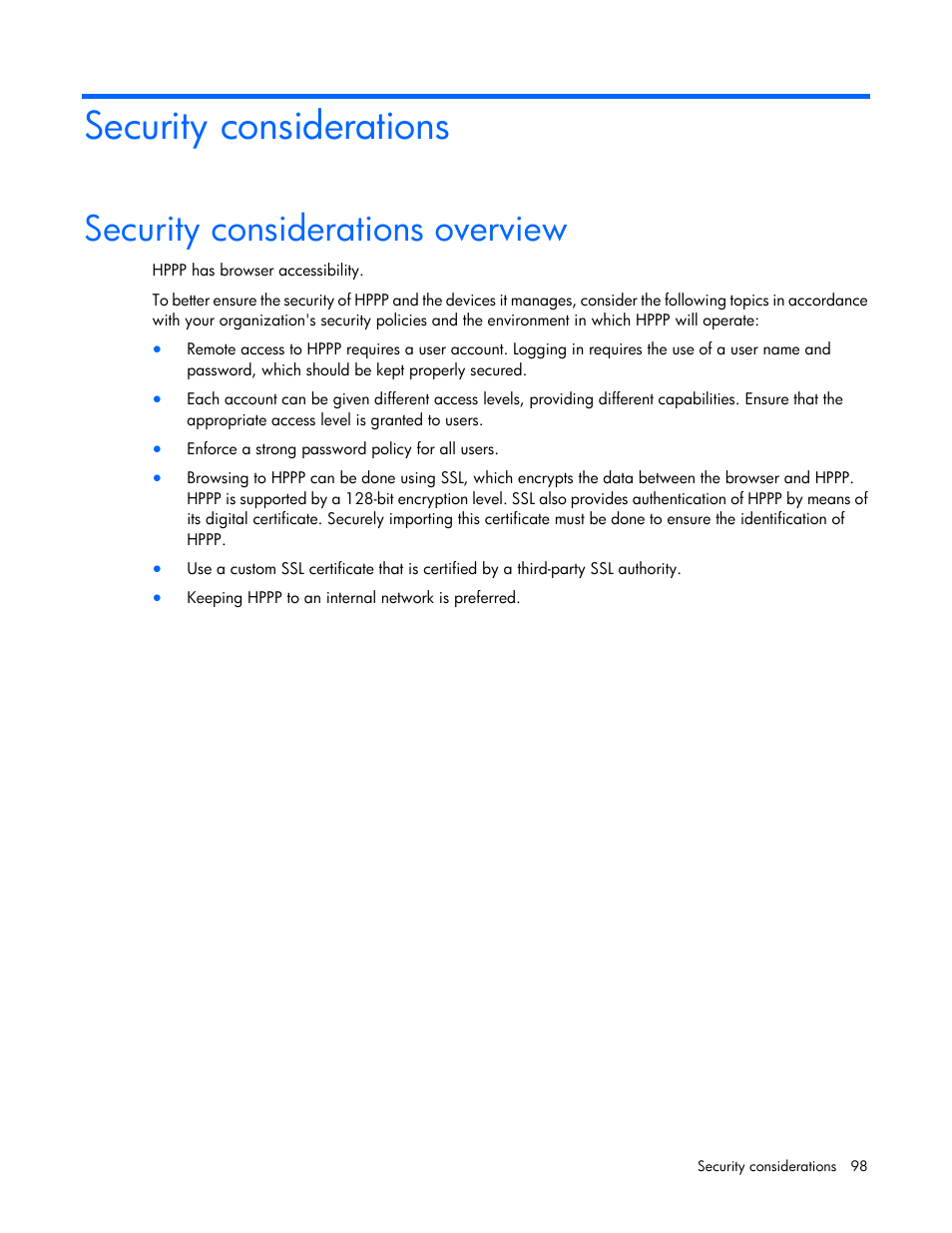 Security considerations, Security considerations overview | HP Tower Uninterruptible Power System User Manual | Page 98 / 137