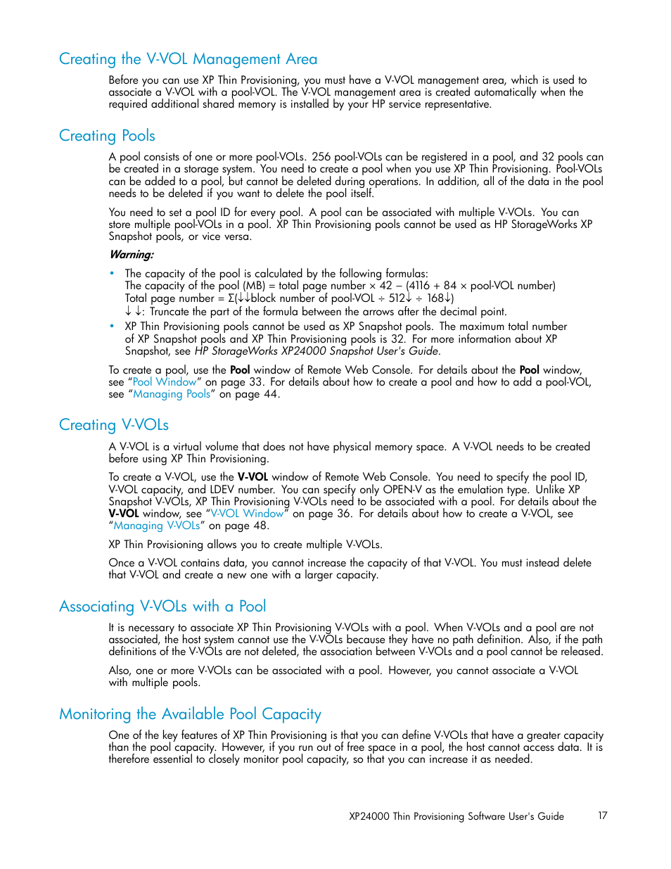 Creating the v-vol management area, Creating pools, Creating v-vols | Associating v-vols with a pool, Monitoring the available pool capacity | HP XP20000XP24000 Disk Array User Manual | Page 17 / 66