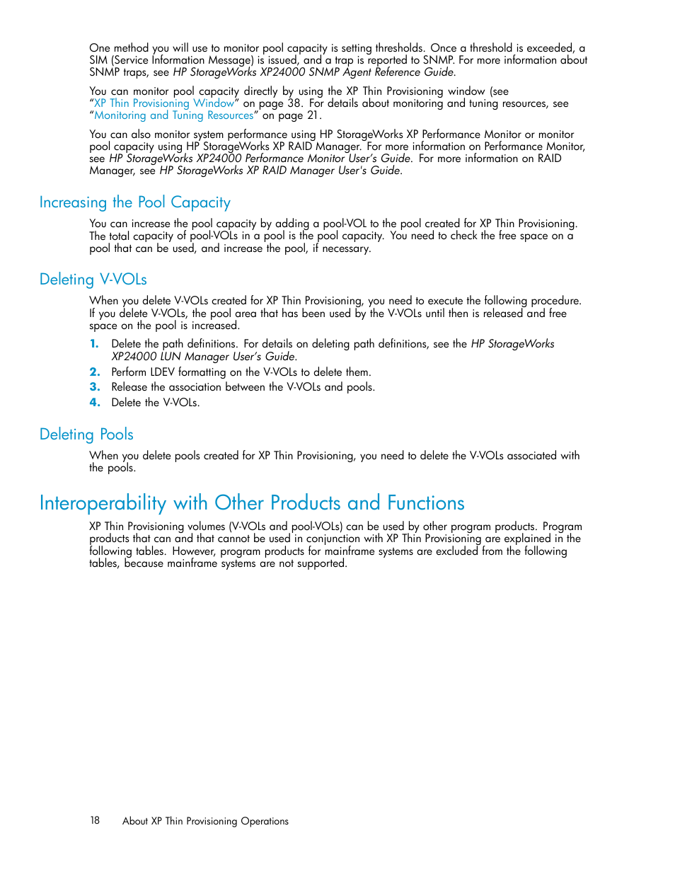 Interoperability with other products and functions, Increasing the pool capacity, Deleting v-vols | Deleting pools | HP XP20000XP24000 Disk Array User Manual | Page 18 / 66