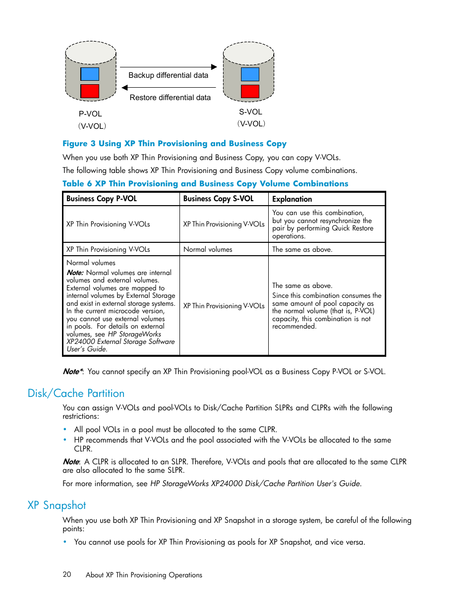 Disk/cache partition, Xp snapshot, Using xp thin provisioning and business copy | HP XP20000XP24000 Disk Array User Manual | Page 20 / 66