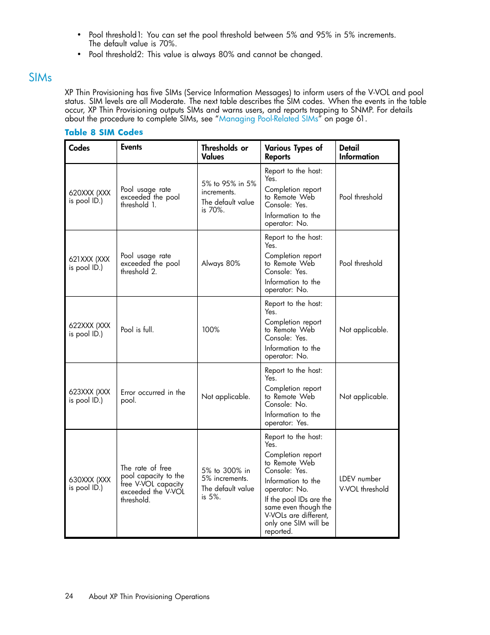 Sims, Sim codes | HP XP20000XP24000 Disk Array User Manual | Page 24 / 66