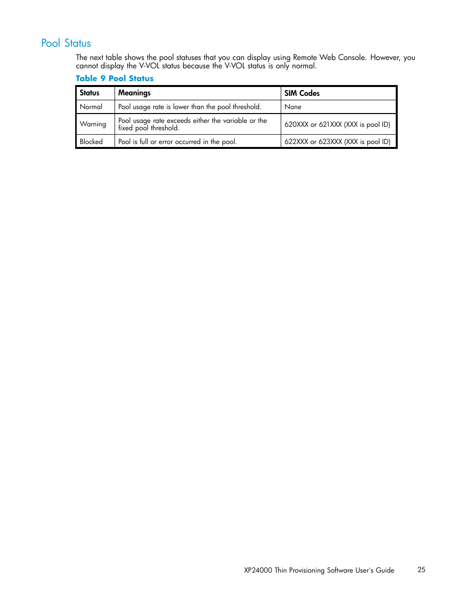 Pool status | HP XP20000XP24000 Disk Array User Manual | Page 25 / 66