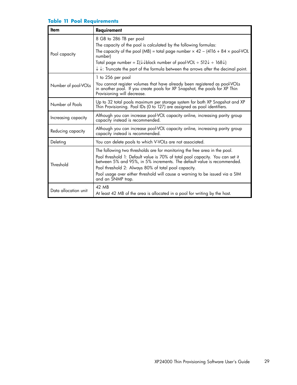 Pool requirements | HP XP20000XP24000 Disk Array User Manual | Page 29 / 66
