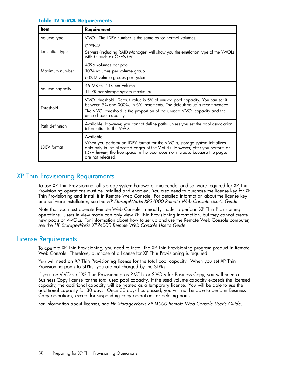 Xp thin provisioning requirements, License requirements, V-vol requirements | HP XP20000XP24000 Disk Array User Manual | Page 30 / 66