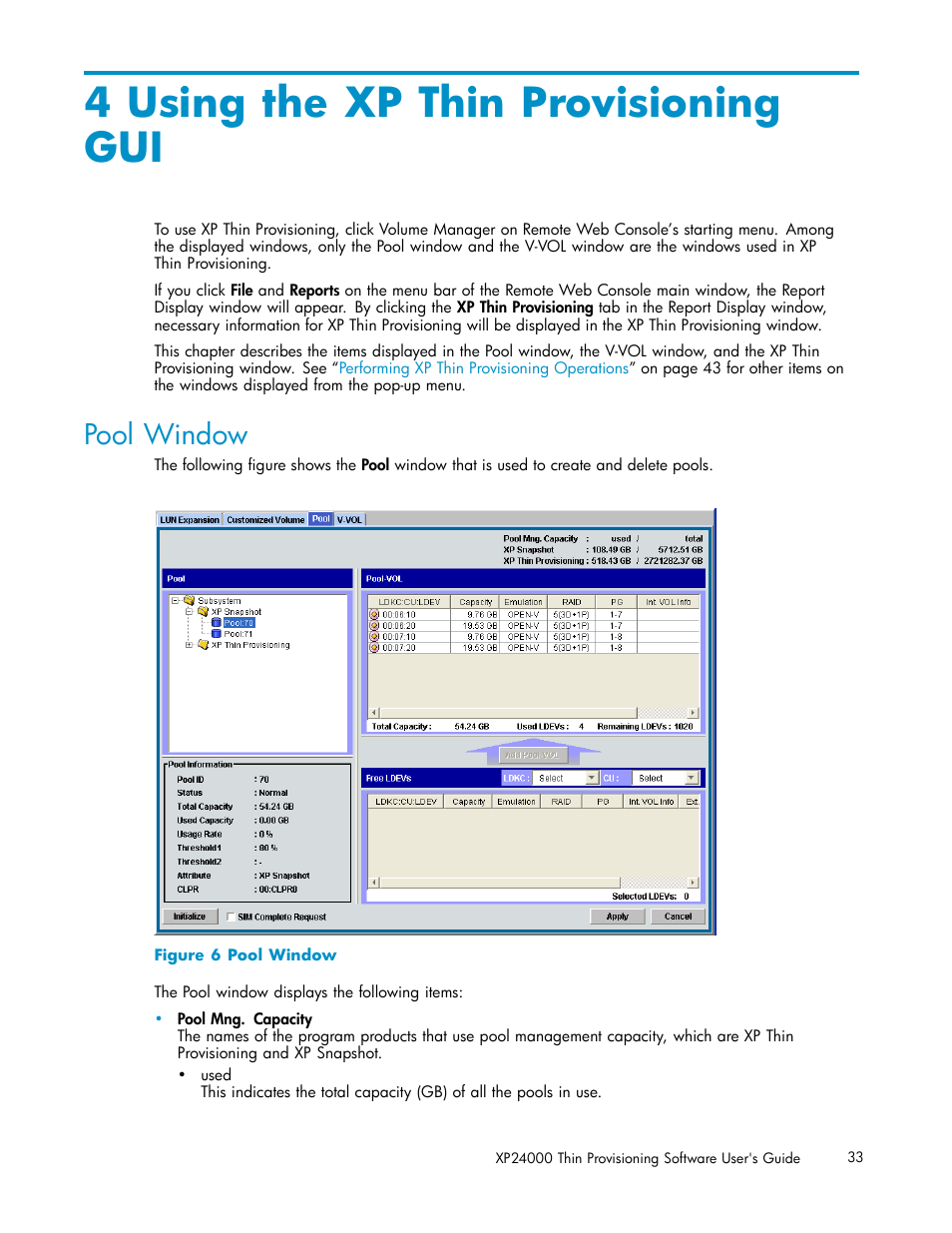 4 using the xp thin provisioning gui, Pool window | HP XP20000XP24000 Disk Array User Manual | Page 33 / 66