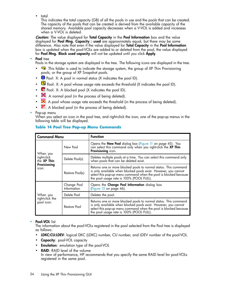 Pool tree pop-up menu commands | HP XP20000XP24000 Disk Array User Manual | Page 34 / 66