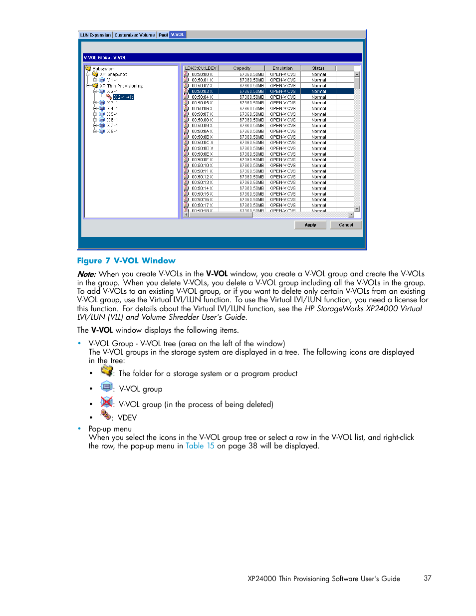 V-vol window | HP XP20000XP24000 Disk Array User Manual | Page 37 / 66
