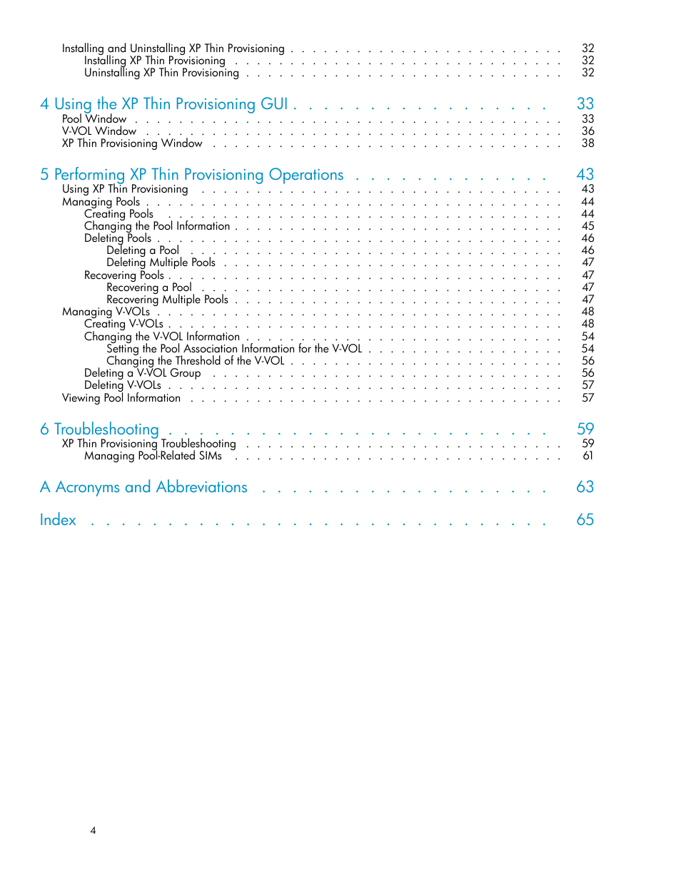 4 using the xp thin provisioning gui, 5 performing xp thin provisioning operations, 6 troubleshooting | A acronyms and abbreviations index | HP XP20000XP24000 Disk Array User Manual | Page 4 / 66